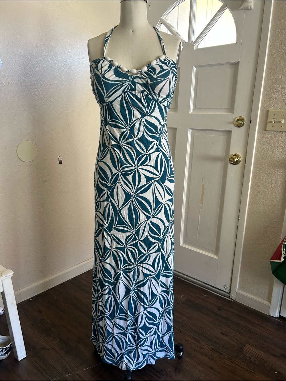 Tommy Bahama Teal and White Halter Maxi Vacation Dress